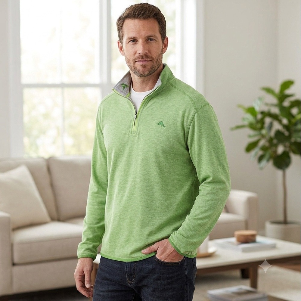 Tommy Bahama Mens Green Quarter Zip Pullover Marlin Logo Heathered Sweatshirt